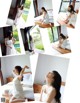 A collage of photos of a woman in a white dress.